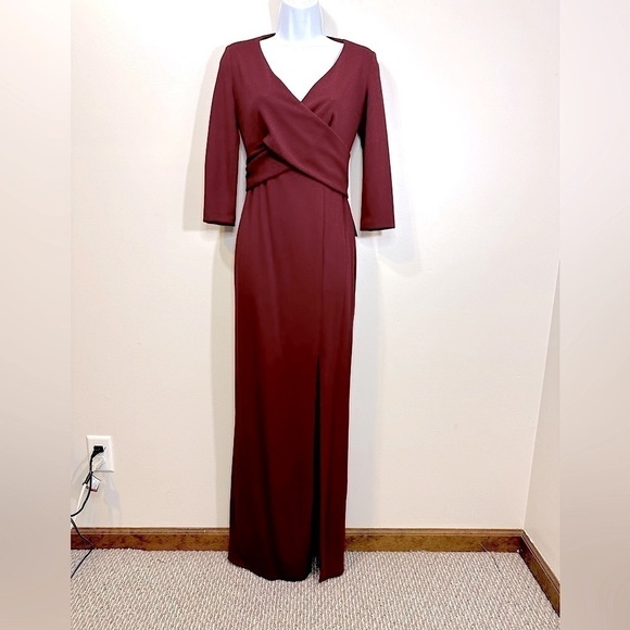 NWT After Six 6814 V-Neck 3/4 Sleeve Full Length Crepe Formal Gown Burgundy XXS - Picture 14 of 16